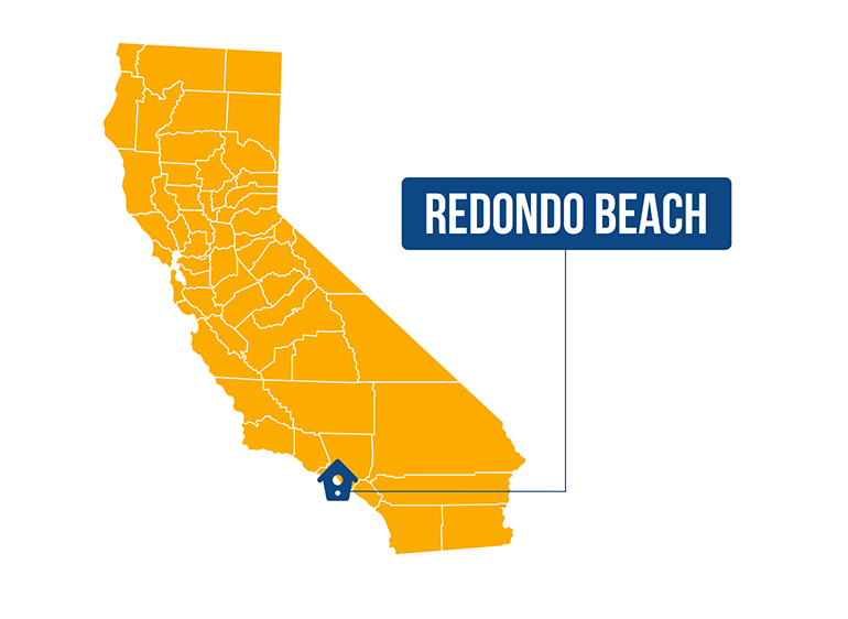 Yellow California map with county lines; Redondo Beach marked with blue label/icon near LA.